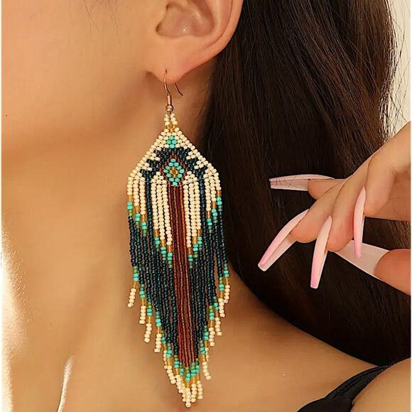 Bohemian Beaded Dangle Tassel Earrings, Tribal Design, Western, Boho, Fringe - Picture 1 of 5
